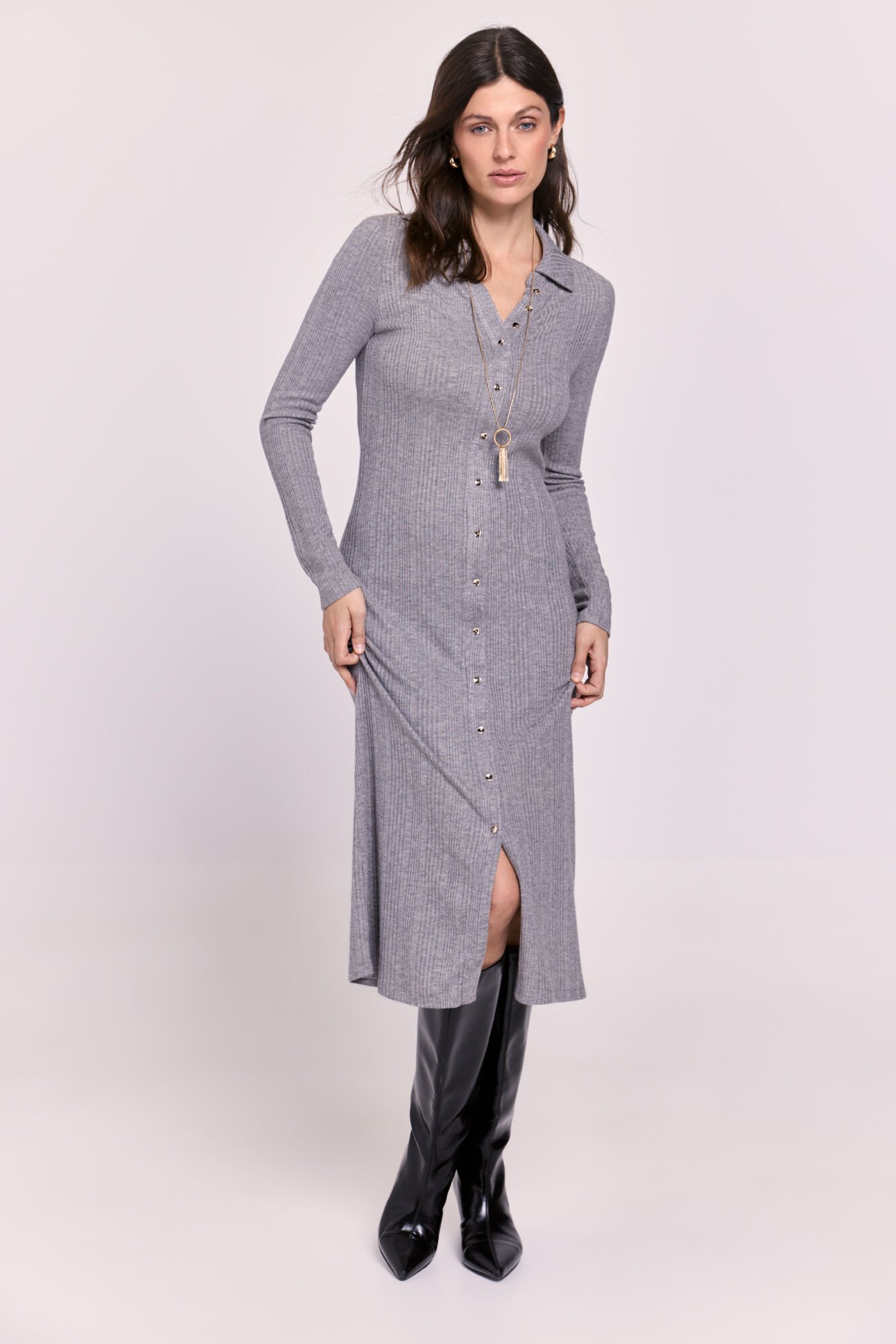 Milano Vestido gola de camisa com bot&otilde;es