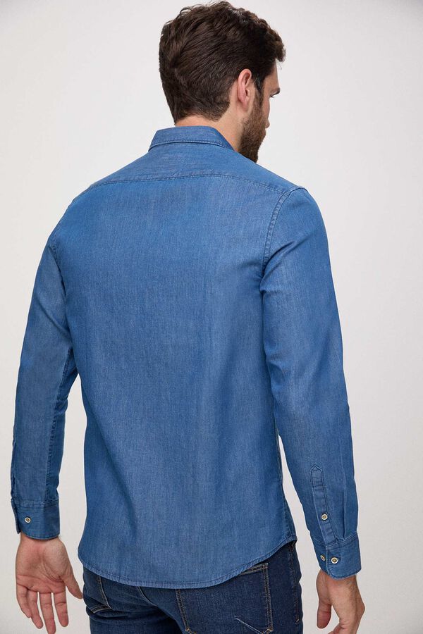 Fifty Outlet Camisa Denim Lisa com bolso PDH Azul