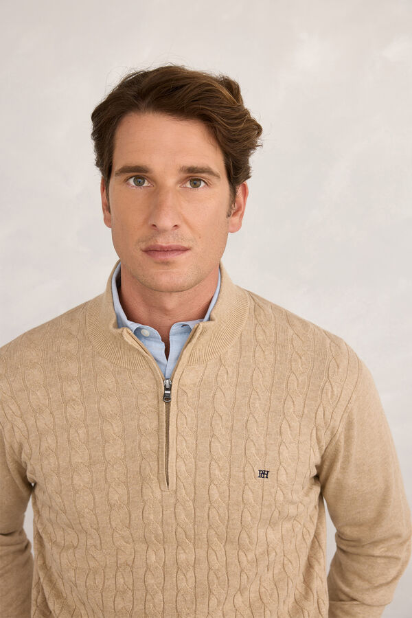 Pedro del Hierro Cardigan com logo e meio zíper Bege