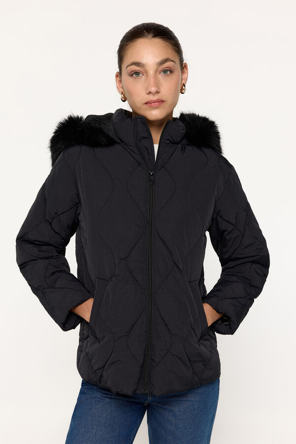 Milano Jaqueta casaco de penas com pelo no capuz Preto