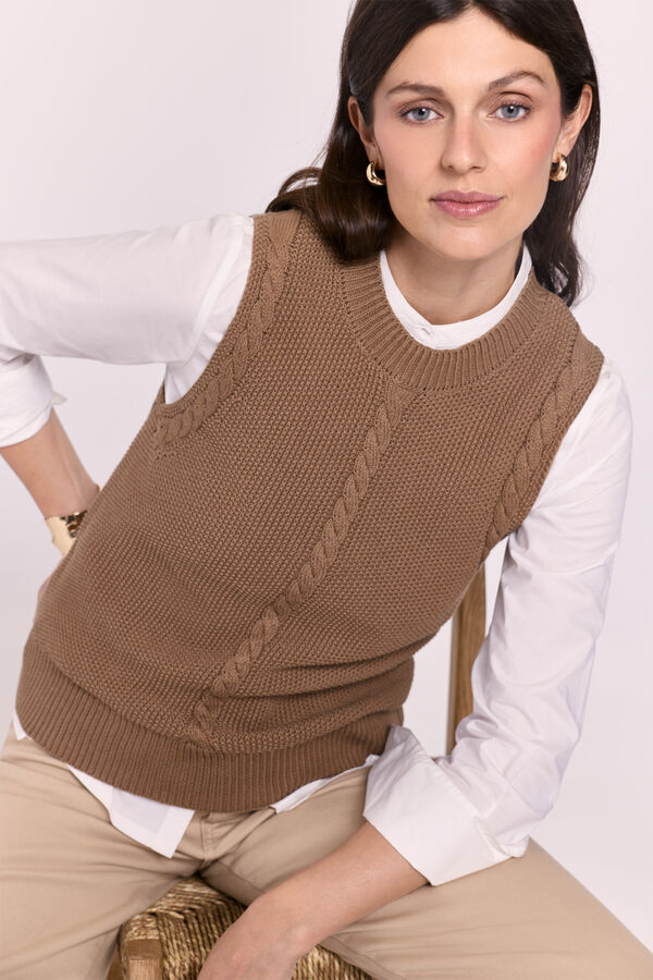 Milano Colete de malha com tran&ccedil;as Castanho