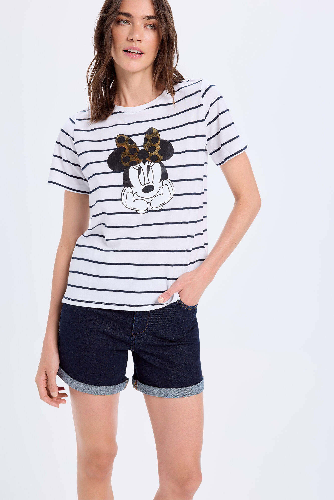 Milano Camiseta de rayas con estampado de Minnie Mouse con detalle de lazo en color oro