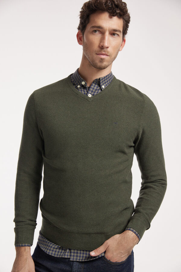 Fifty Outlet Jersey cuello pico con microestructura Verde