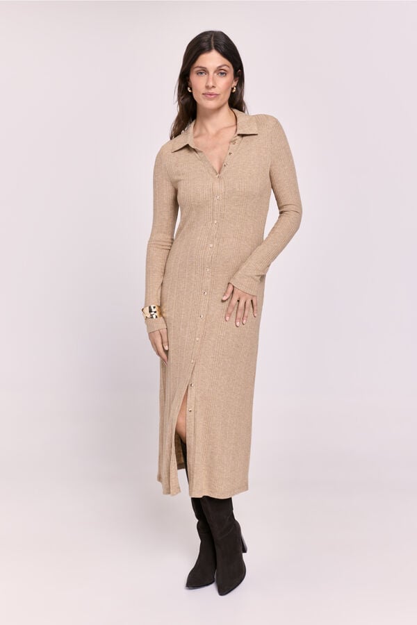 Milano Vestido gola de camisa com bot&otilde;es Castanho