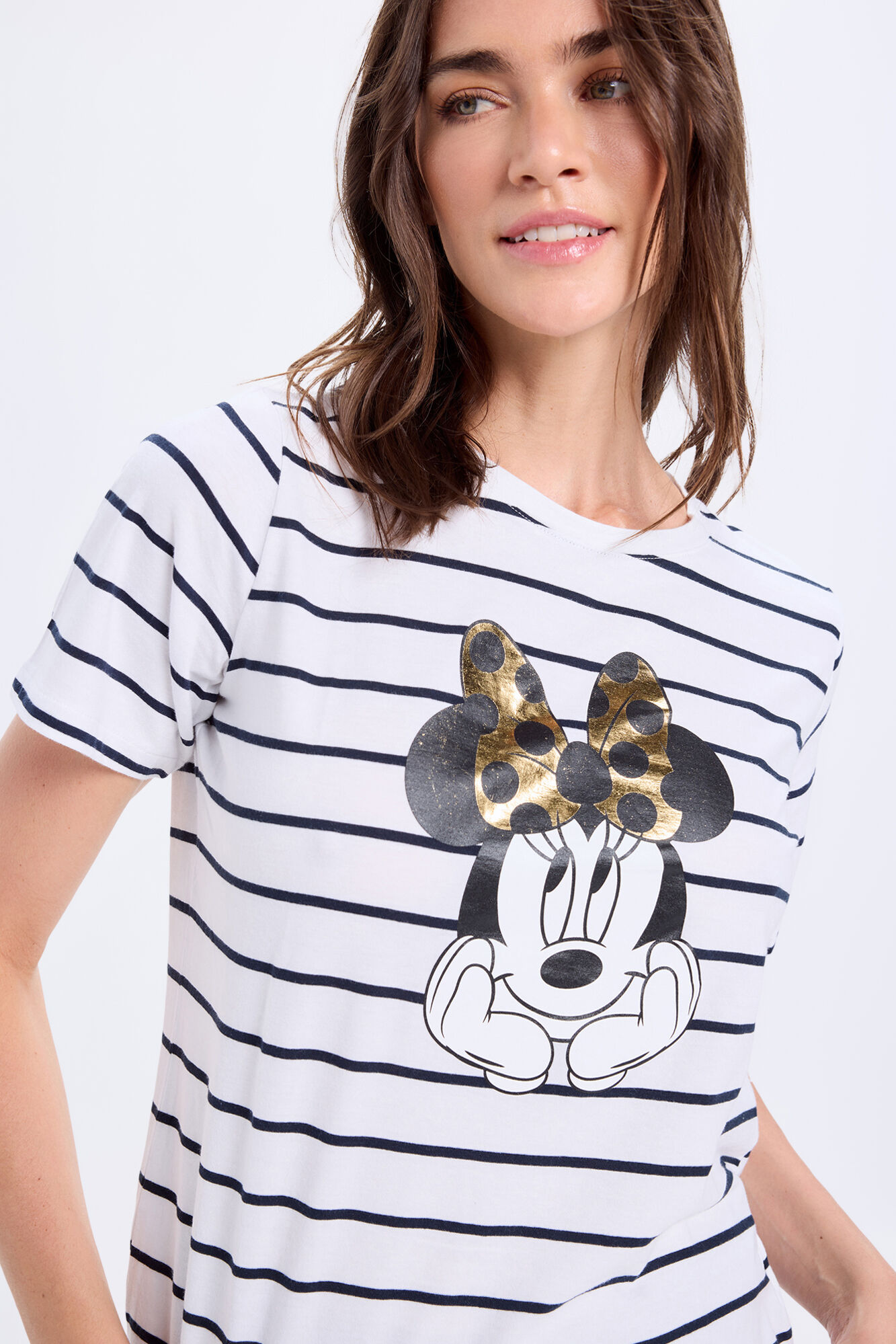 Milano Camiseta de rayas con estampado de Minnie Mouse con detalle de lazo en color oro