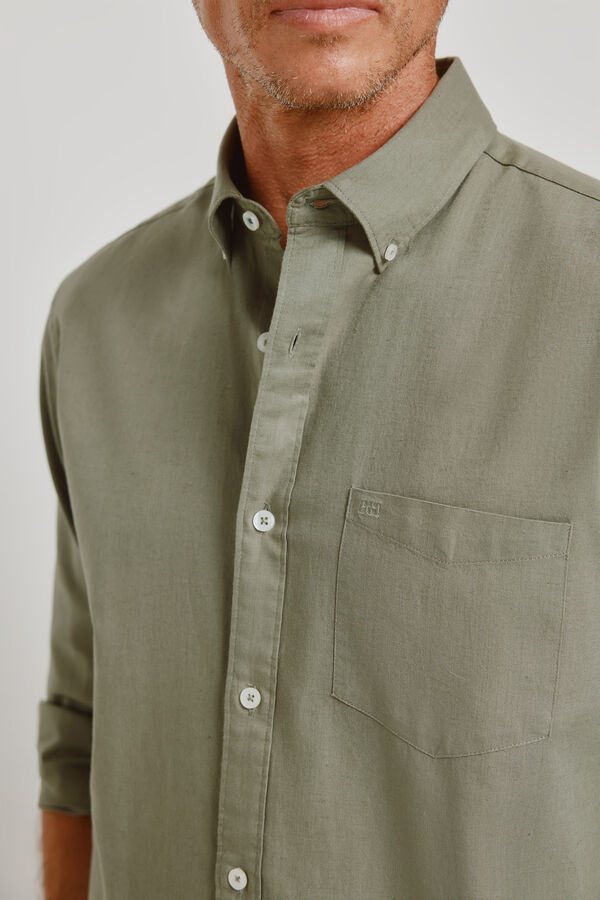 Pedro del Hierro Camisa lisa de manga comprida C&aacute;qui escuro