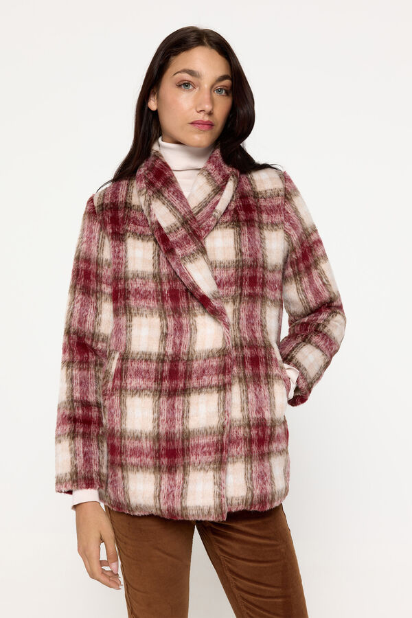 Milano Sobretudo curto trespassado em tecido xadrez efeito lã Bordeaux