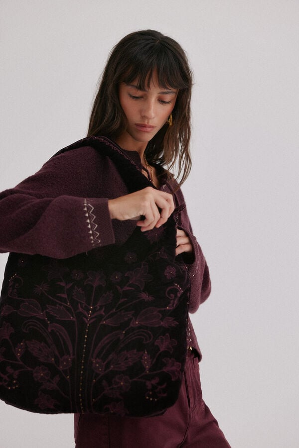 Hoss Intropia Nuria. Bolso hobo terciopelo bordado Granate