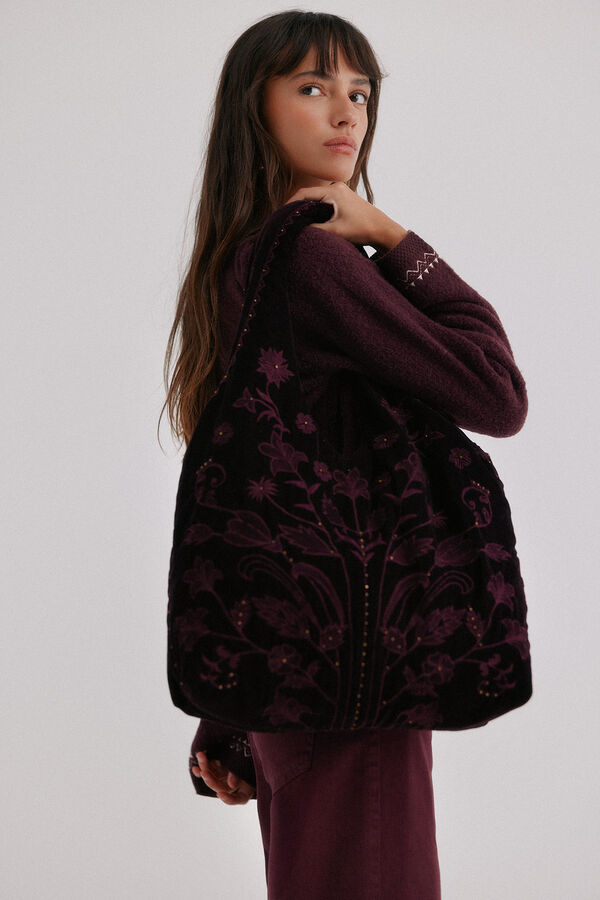 Hoss Intropia Nuria. Bolso hobo terciopelo bordado Granate