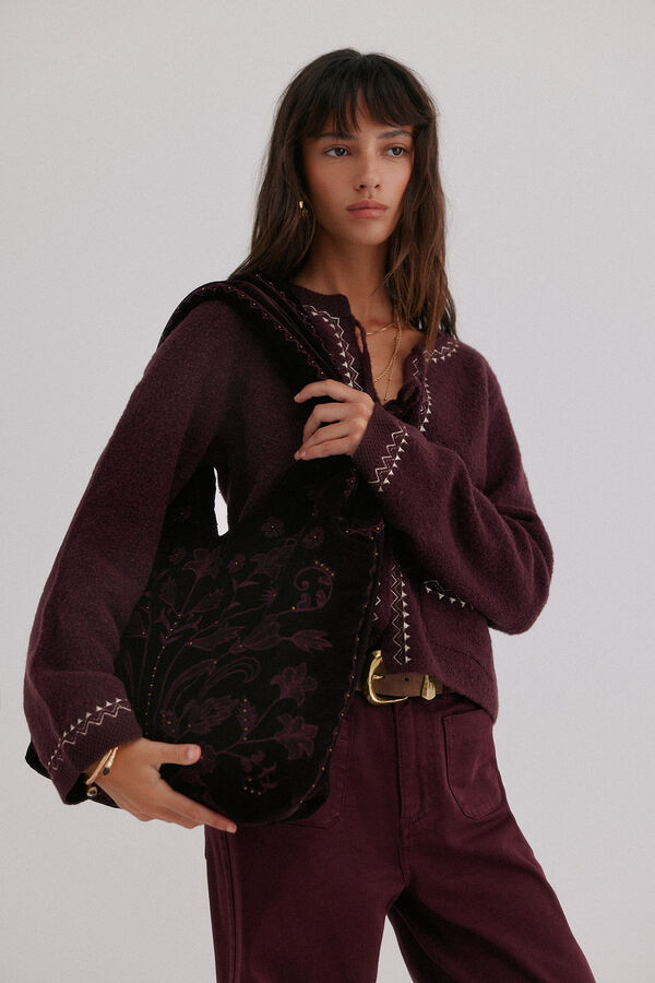 Hoss Intropia Nuria. Bolso hobo terciopelo bordado Granate