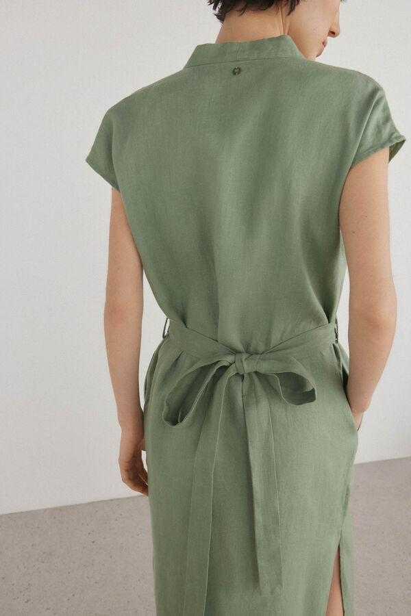 Pedro del Hierro Vestido t&uacute;nica de linho com cinto Verde