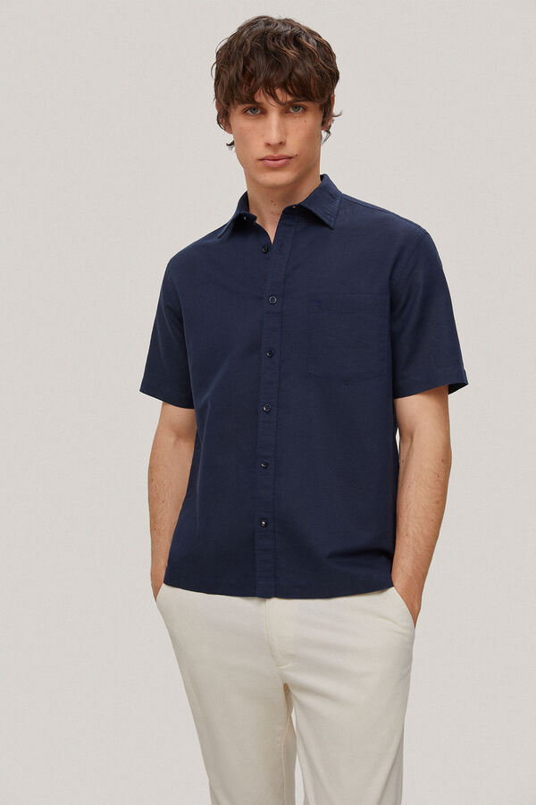 Pedro del Hierro Camisa de manga curta em linho liso de algodão Azul
