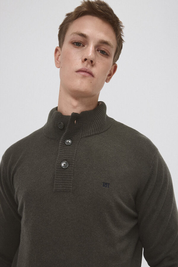 Pedro del Hierro Camisola de l&atilde; e cashmere com gola alta e bot&otilde;es Verde