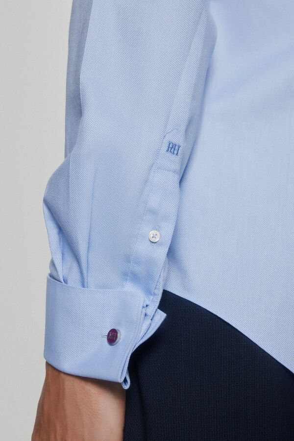 Pedro del Hierro camisa elegante de bot&otilde;es de punho estrutura lisa non-iron + antimanchas Azul