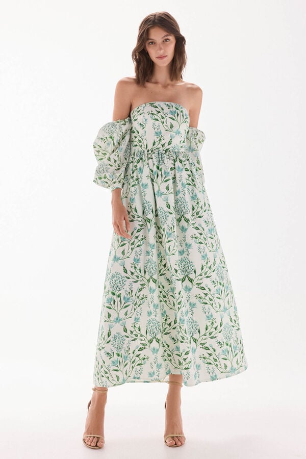 TFP by Tamara Falc&oacute; Vestido decote caicai estampado Turquesa