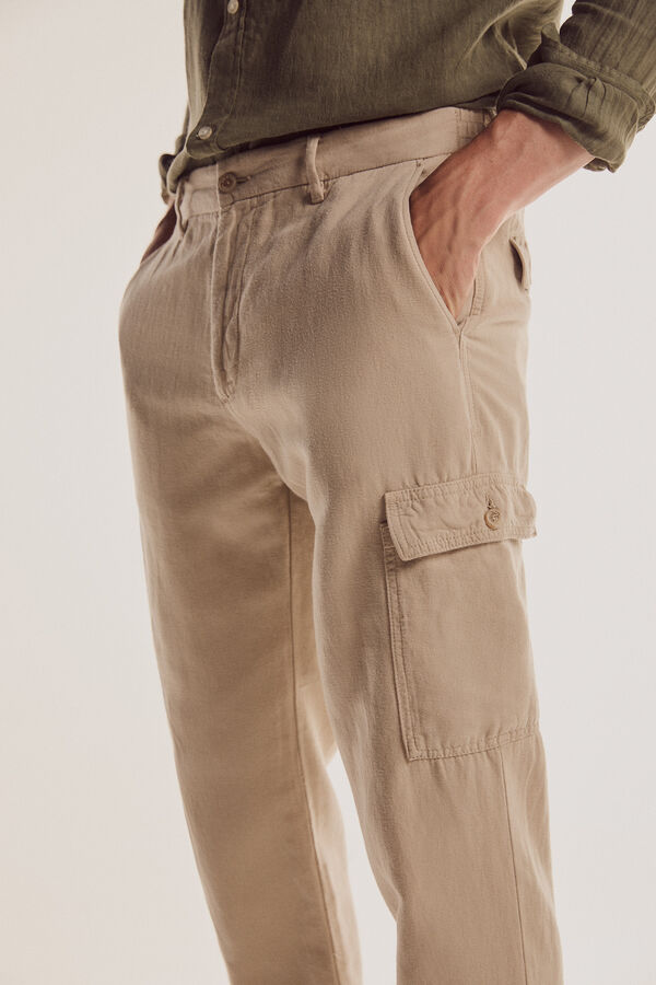 Pedro del Hierro Pantal&oacute;n cargo algod&oacute;n y lino Beige