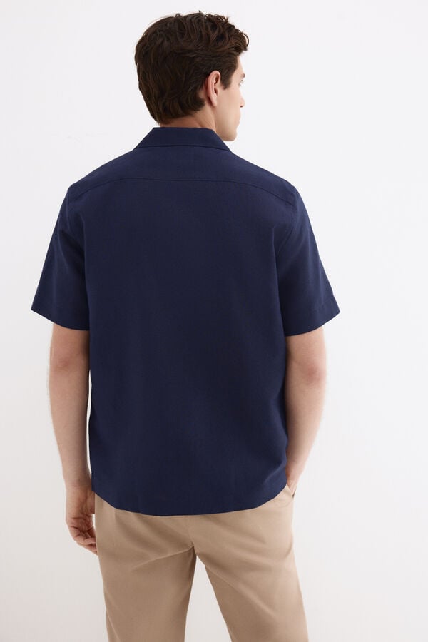 Pedro del Hierro Camisa manga curta em linho e algod&atilde;o Azul