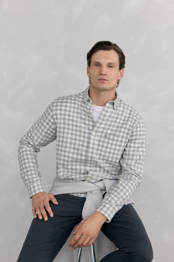 Pedro del Hierro Camisa cuadros franela tejido italiano Gris