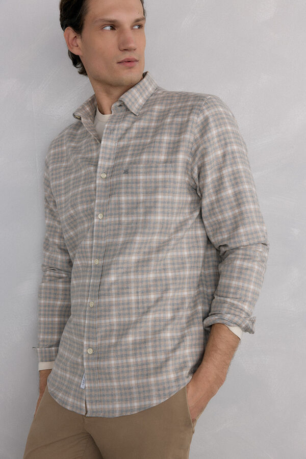 Pedro del Hierro Camisa cuadros franela tejido italiano Beige