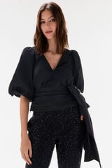TFP by Tamara Falc&oacute; Blusa de tafet&aacute; com la&ccedil;o Preto