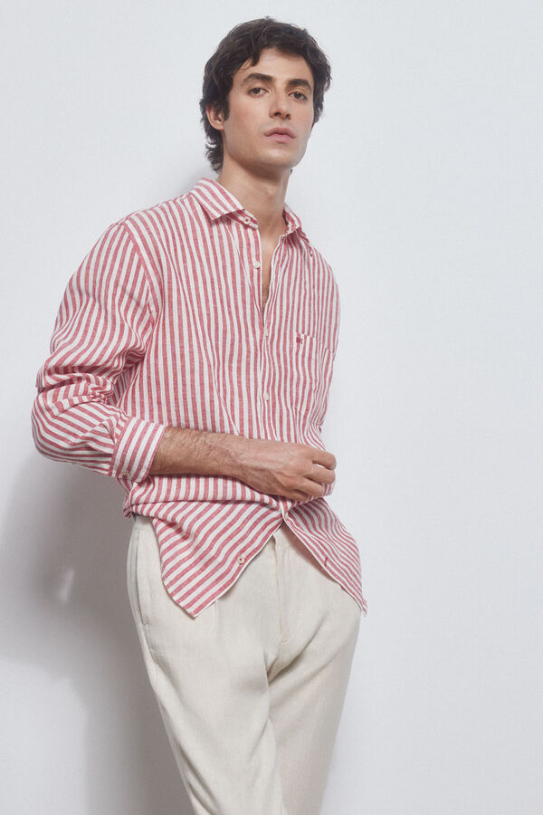 Pedro del Hierro Camisa lino rayas Rojo
