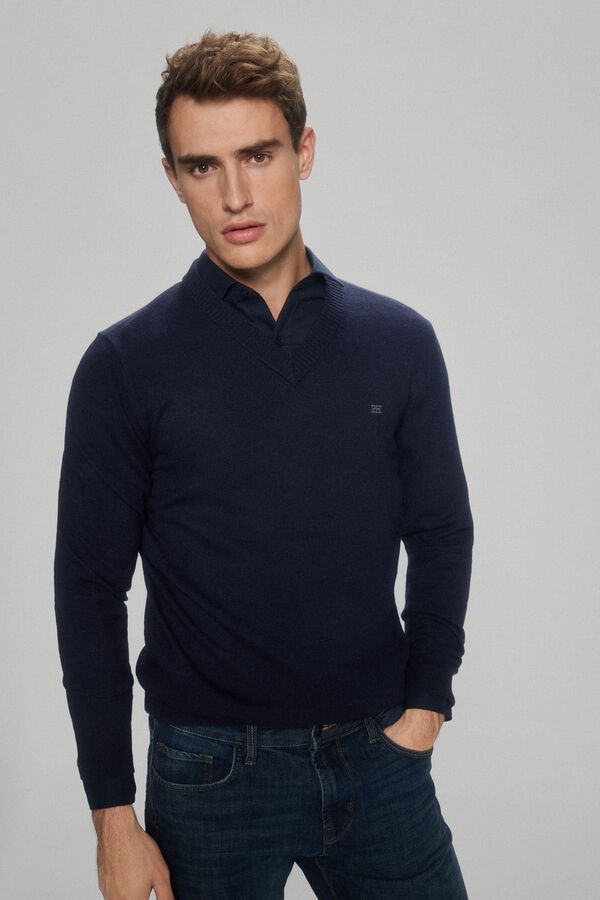 Pedro del Hierro Camisola e l&atilde; e cashmere com decote em bico Azul