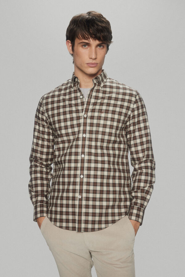 Pedro del Hierro Camisa quadrados non-iron + anti manchas Beige