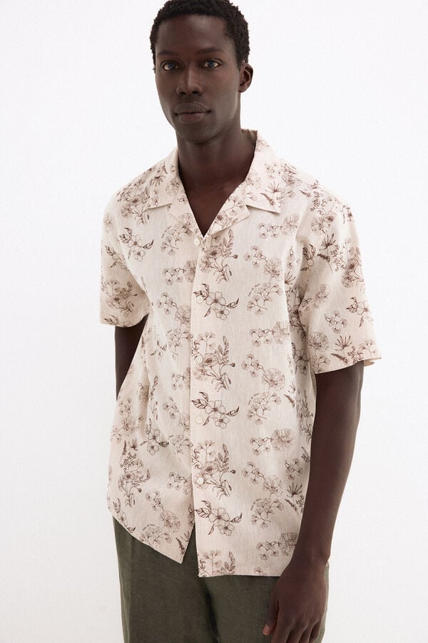 Pedro del Hierro Camisa estampada manga curta em linho e algod&atilde;o Beige