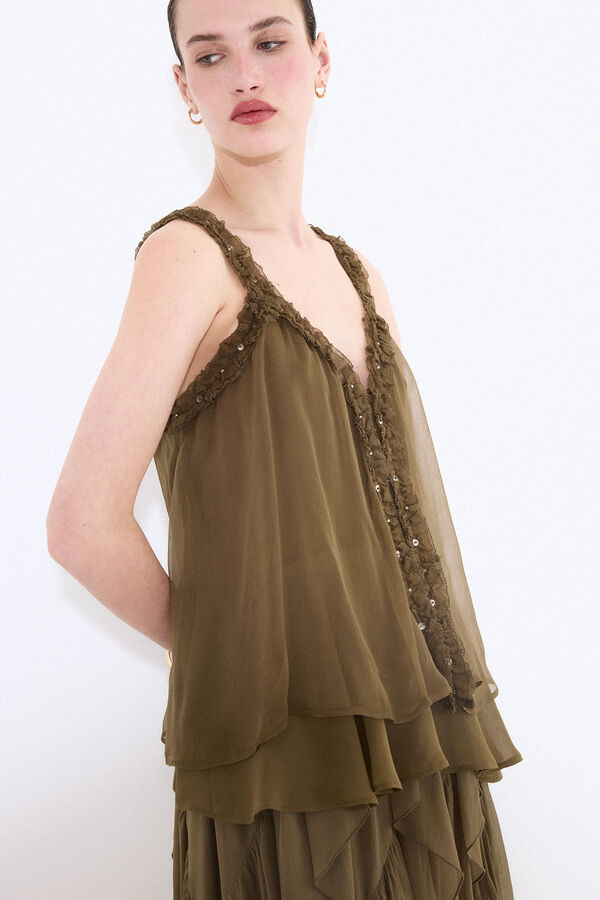 Pedro del Hierro Top de al&ccedil;as com folhos Verde