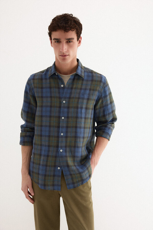 Pedro del Hierro Camisa em linho aos quadrados Azul