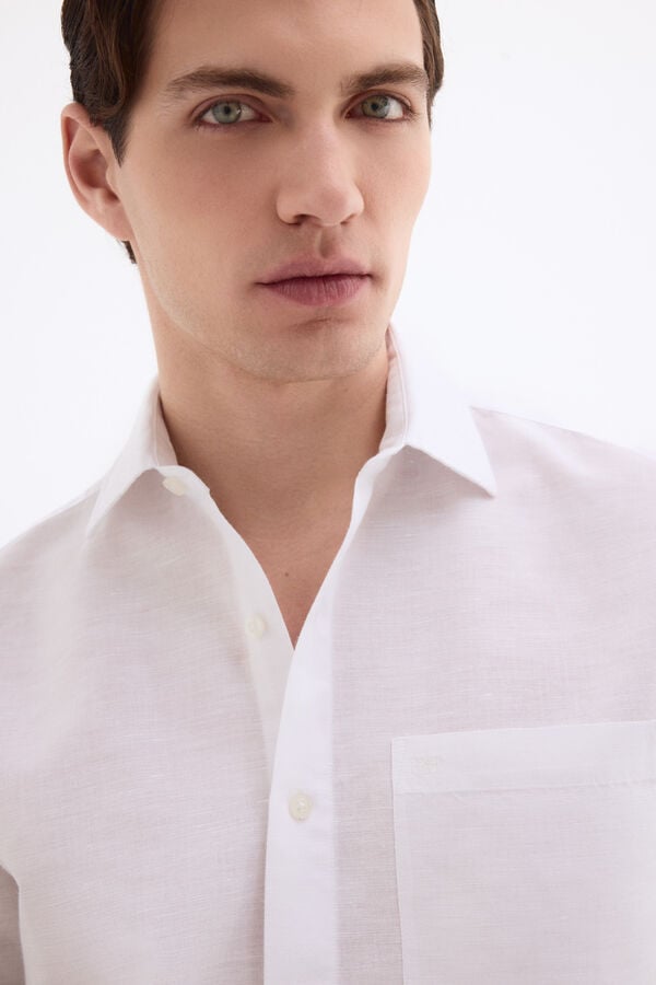 Pedro del Hierro Camisa lisa em linho e algod&atilde;o Branco