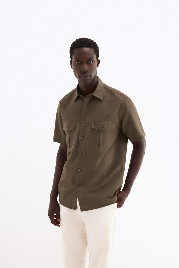 Pedro del Hierro Camisa manga curta em linho com bolsos Verde