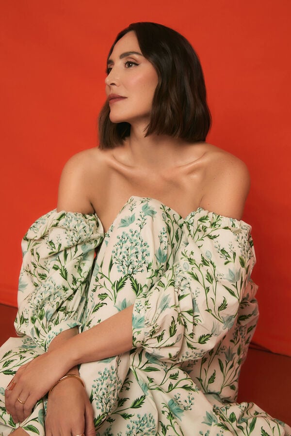 TFP by Tamara Falc&oacute; Vestido decote caicai estampado Turquesa