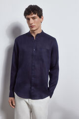 Pedro del Hierro camisa linho gola mao Azul