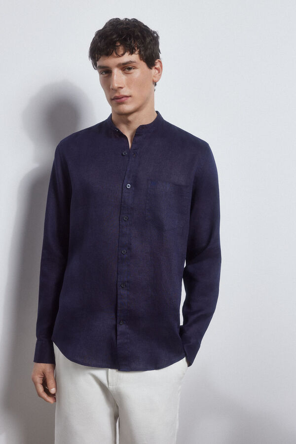Pedro del Hierro camisa linho gola mao Azul