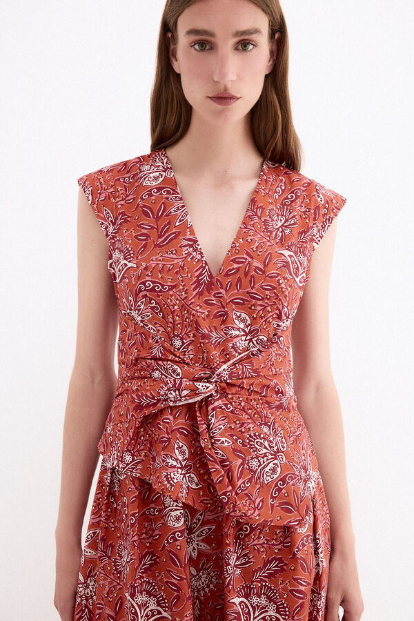 Pedro del Hierro Vestido estampado detalle lazo en cintura Beige