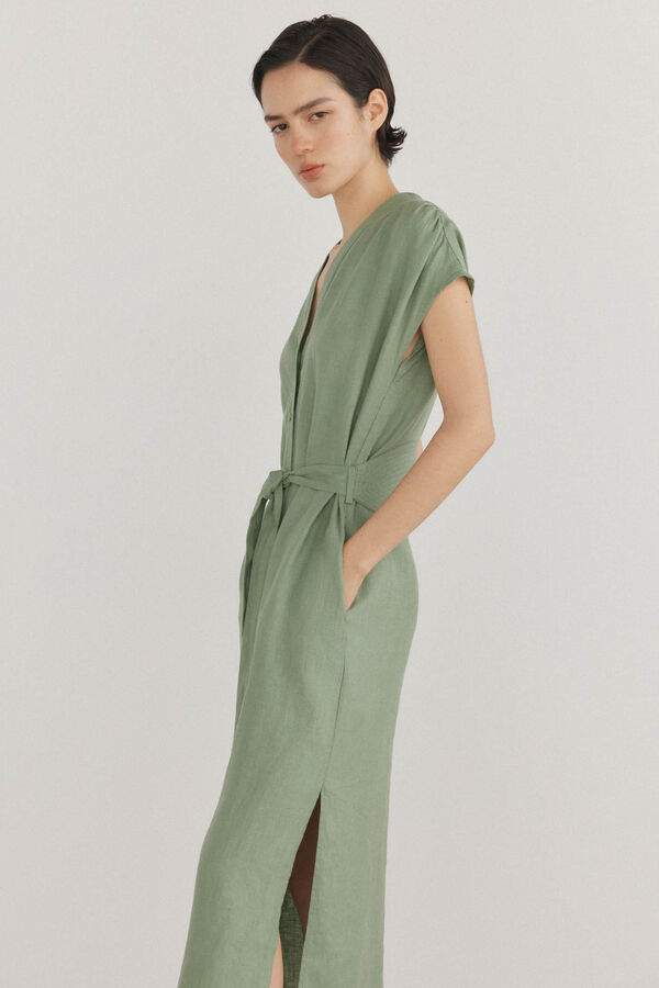 Pedro del Hierro Vestido t&uacute;nica de linho com cinto Verde