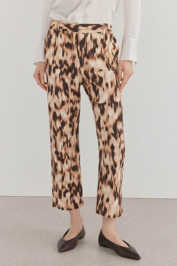 Pedro del Hierro Pantalon estampado crop flare Marr&oacute;n