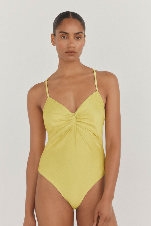 Pedro del Hierro Mai&ocirc; halter com costas cruzadas em tecido lurex fantasia Amarelo