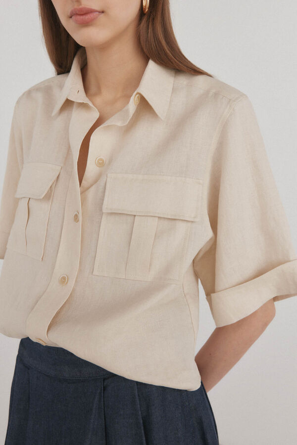 Pedro del Hierro Camisa manga corta lino Marr&oacute;n