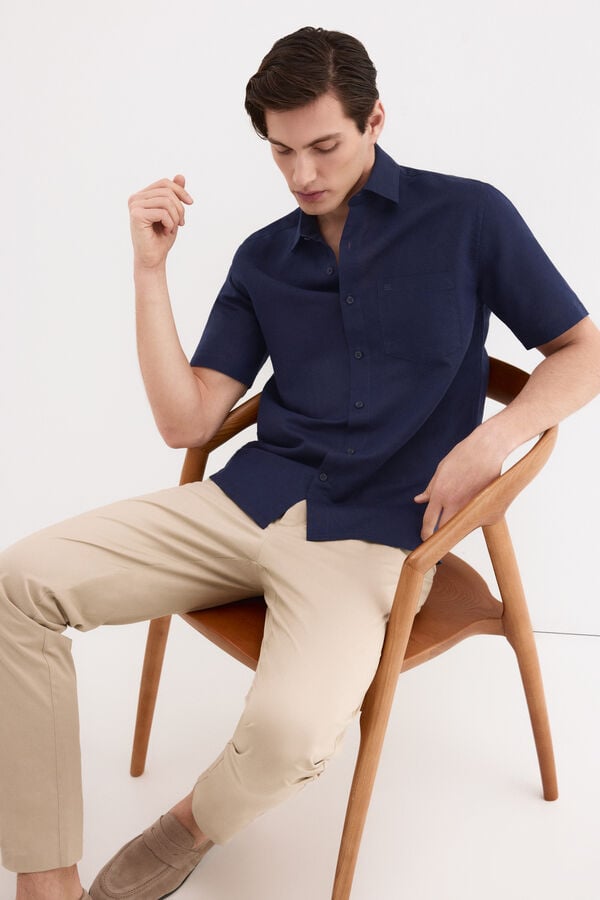 Pedro del Hierro Camisa lisa em linho e algod&atilde;o Azul