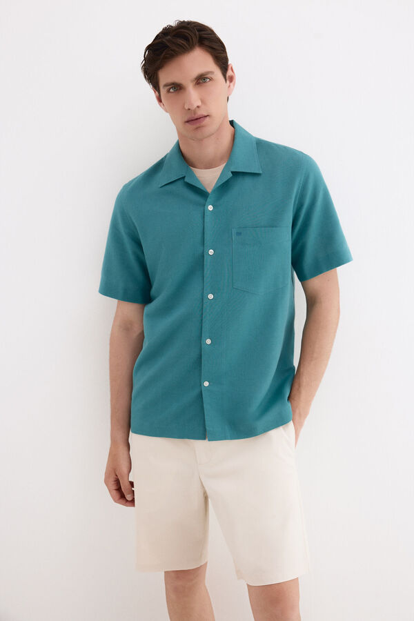 Pedro del Hierro Camisa manga curta em linho e algod&atilde;o Turquesa