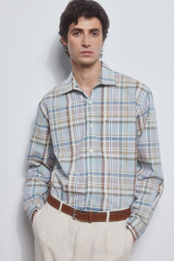 Pedro del Hierro Camisa xadrez tecido italiano Azul