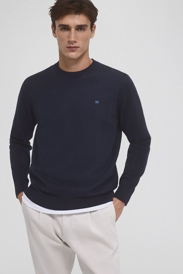 Pedro del Hierro Su&eacute;ter fino de algod&atilde;o premium com gola redonda Azul