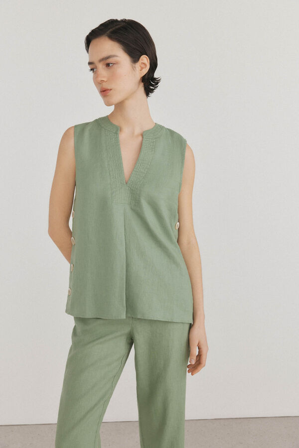 Pedro del Hierro Top de lino detalle botones Verde