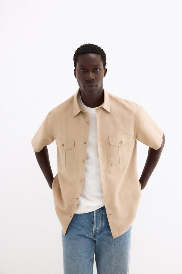 Pedro del Hierro Camisa manga curta em linho com bolsos Beige