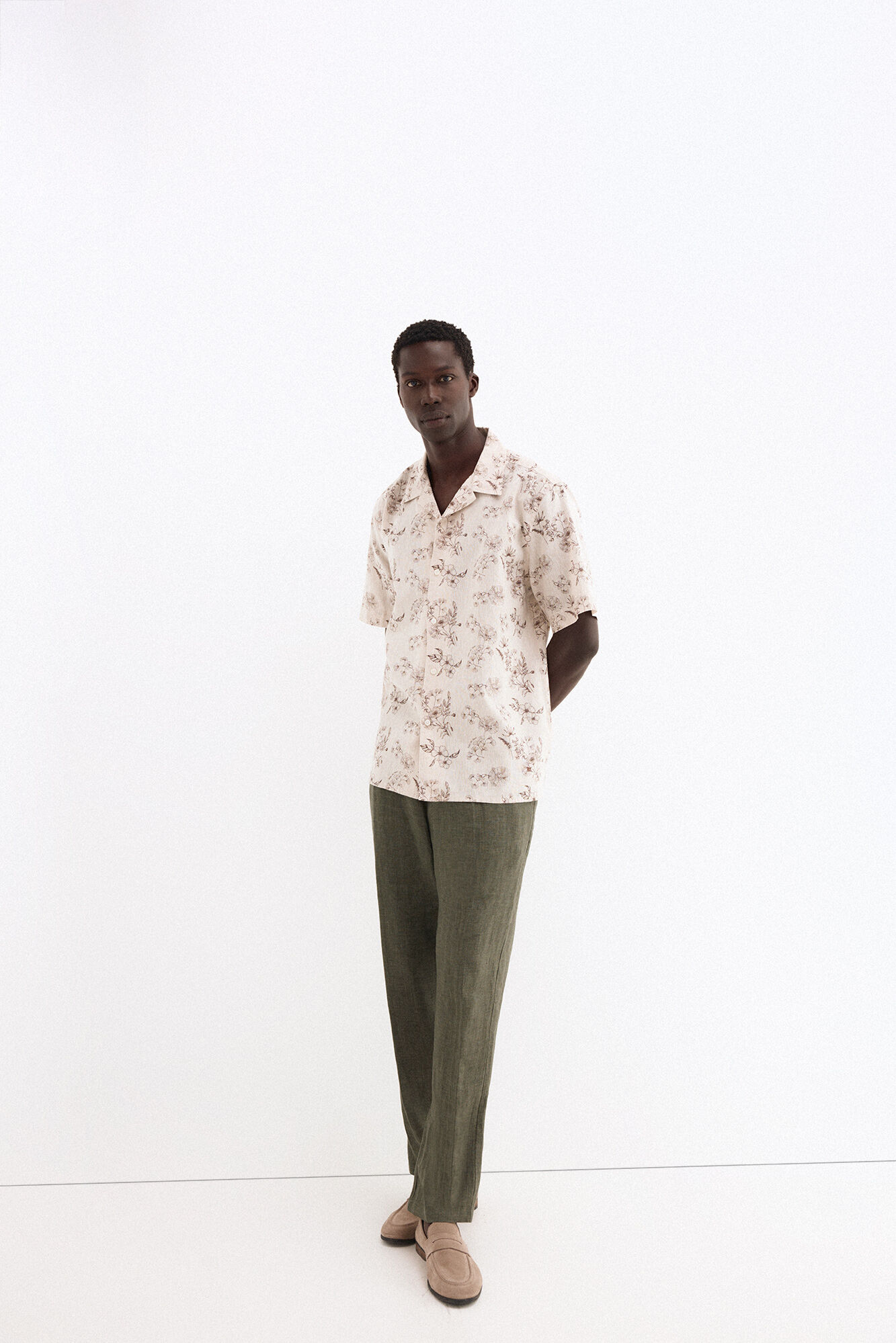 Pedro del Hierro Camisa estampada manga curta em linho e algod&atilde;o