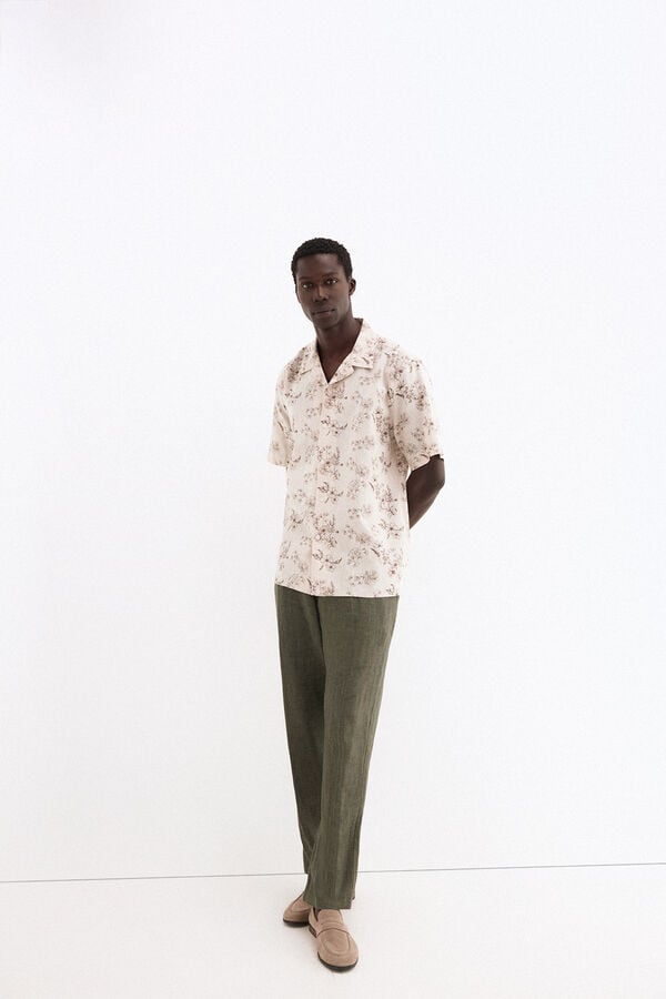 Pedro del Hierro Camisa estampada manga curta em linho e algod&atilde;o Beige
