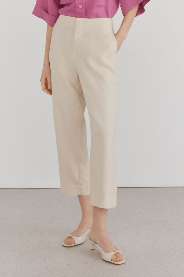 Pedro del Hierro Pantalones lino straight cropped Marr&oacute;n