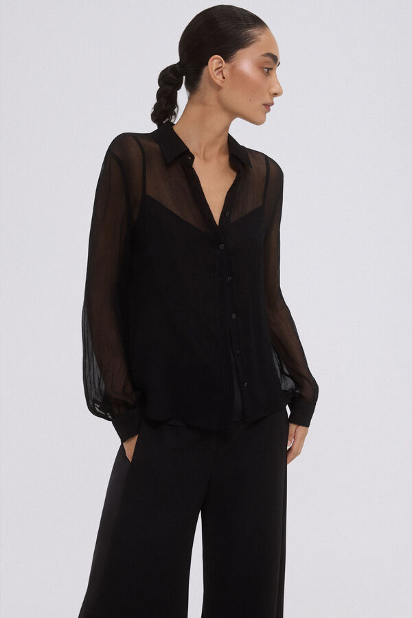 Pedro del Hierro Camisa fluida com transpar&ecirc;ncia Preto